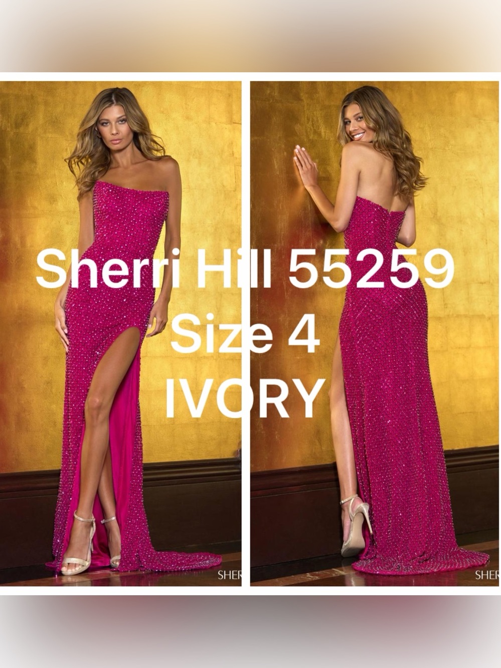 Sherri Hill Ivory Beaded Gown style 55239 with Side Slit and Overskirt